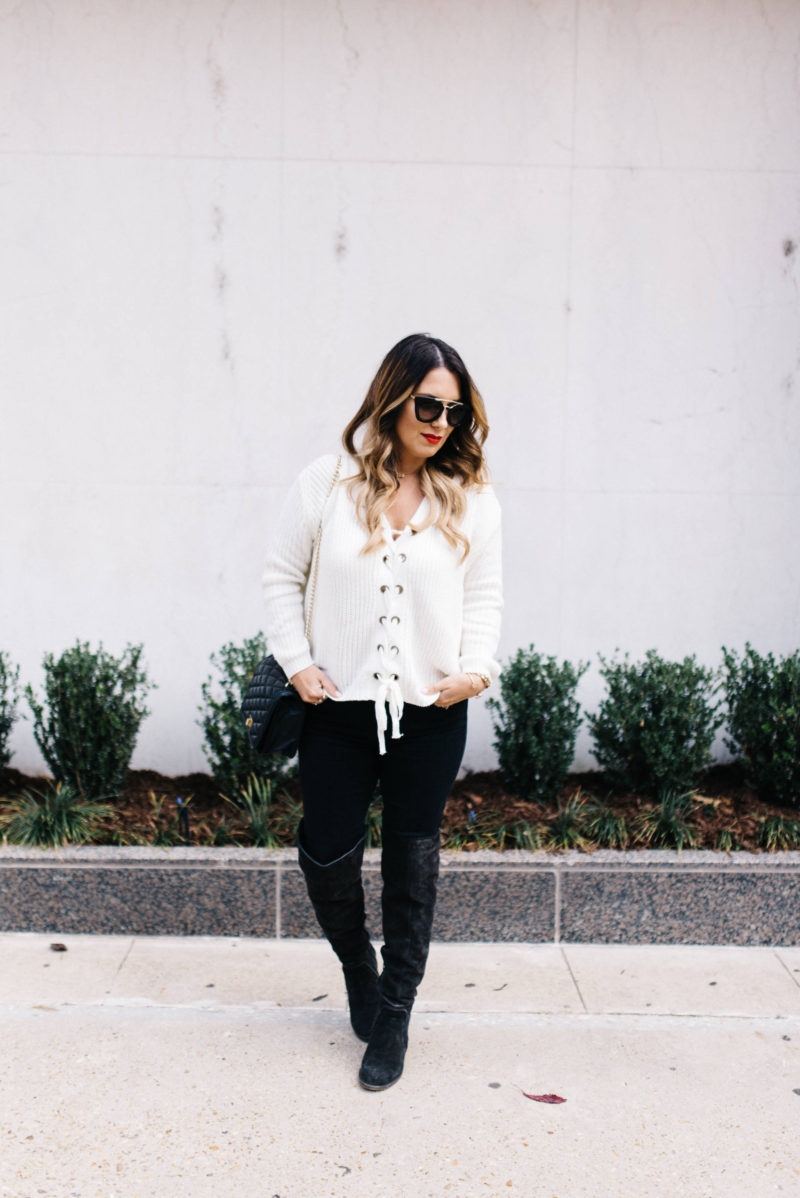 white lace up sweater with Chicwish