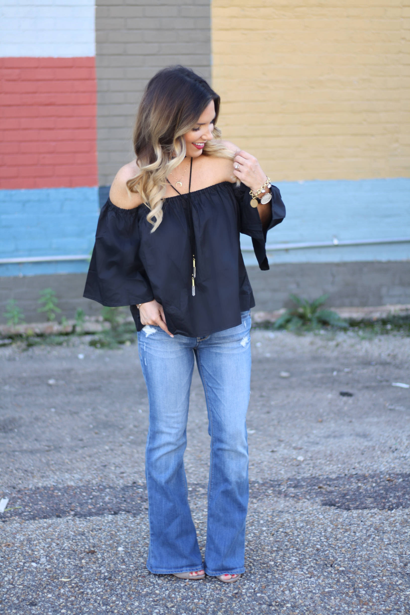 Off the Shoulder top transitioning into fall - Dashing Darlin'