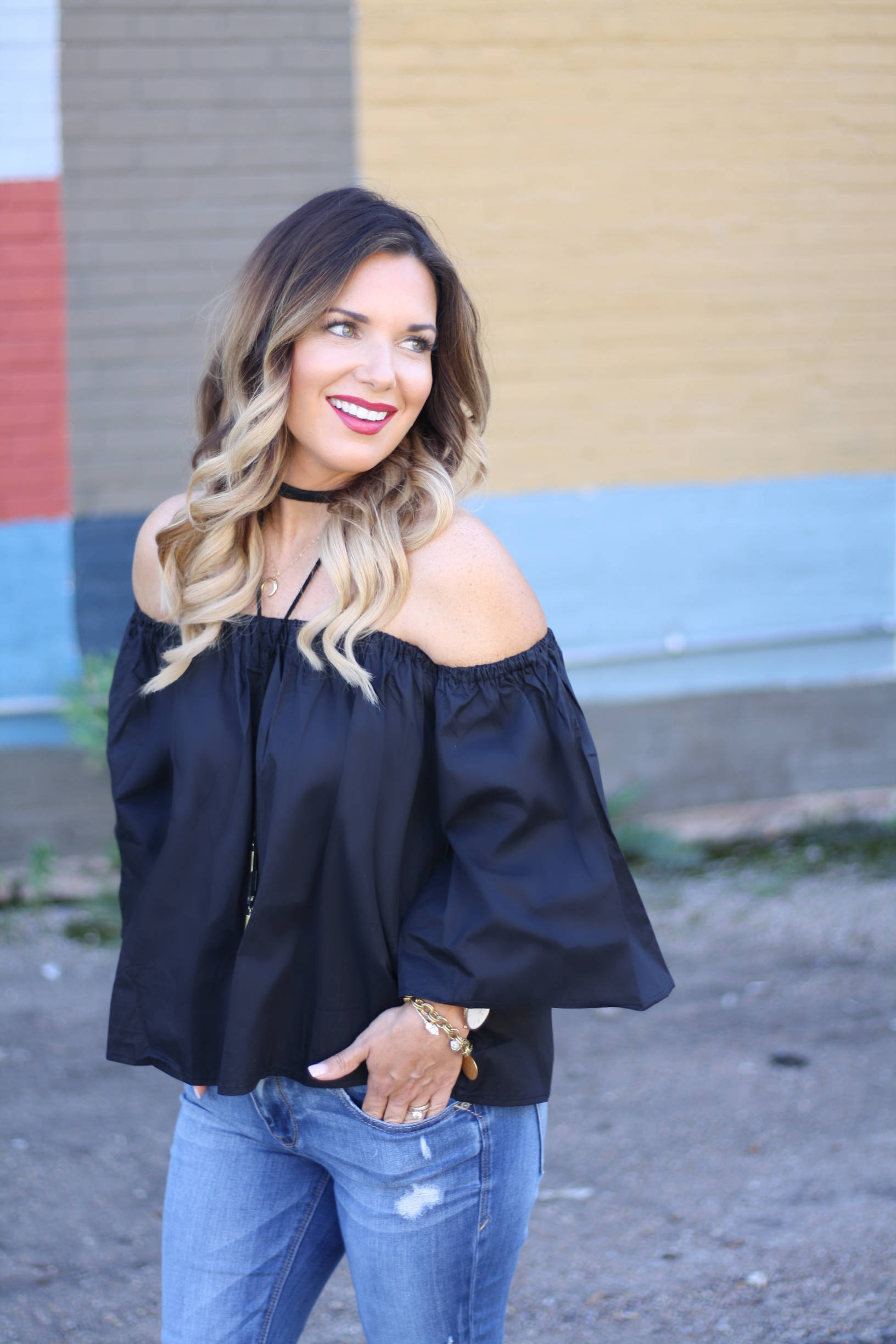 Off the Shoulder top transitioning into fall - Dashing Darlin'