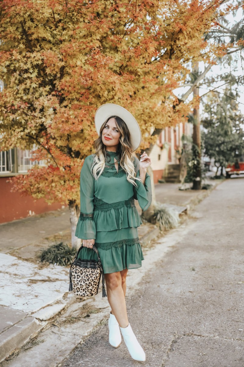 ROCKING A HAPPY FACE AND A HAPPY, GREEN DRESS FROM RIVER ISLAND. FOUND THE PERFECT HOLIDAY DRESSES AND WHITE BOOTIES. READ MORE ON THE BLOG.