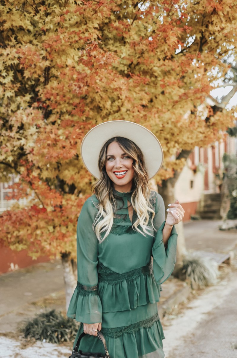 ROCKING A HAPPY FACE AND A HAPPY, GREEN DRESS FROM RIVER ISLAND. FOUND THE PERFECT HOLIDAY DRESSES AND WHITE BOOTIES. READ MORE ON THE BLOG.