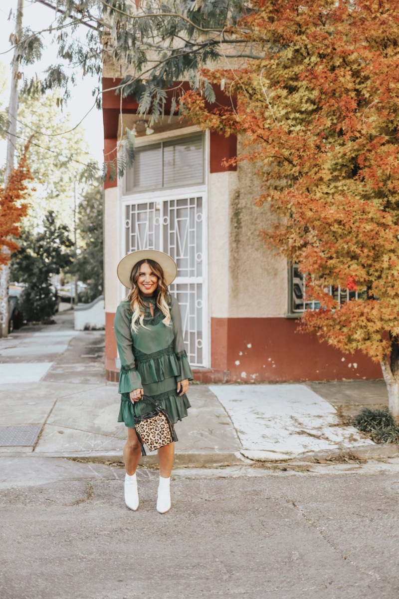 ROCKING A HAPPY FACE AND A HAPPY, GREEN DRESS FROM RIVER ISLAND. FOUND THE PERFECT HOLIDAY DRESSES AND WHITE BOOTIES. READ MORE ON THE BLOG.