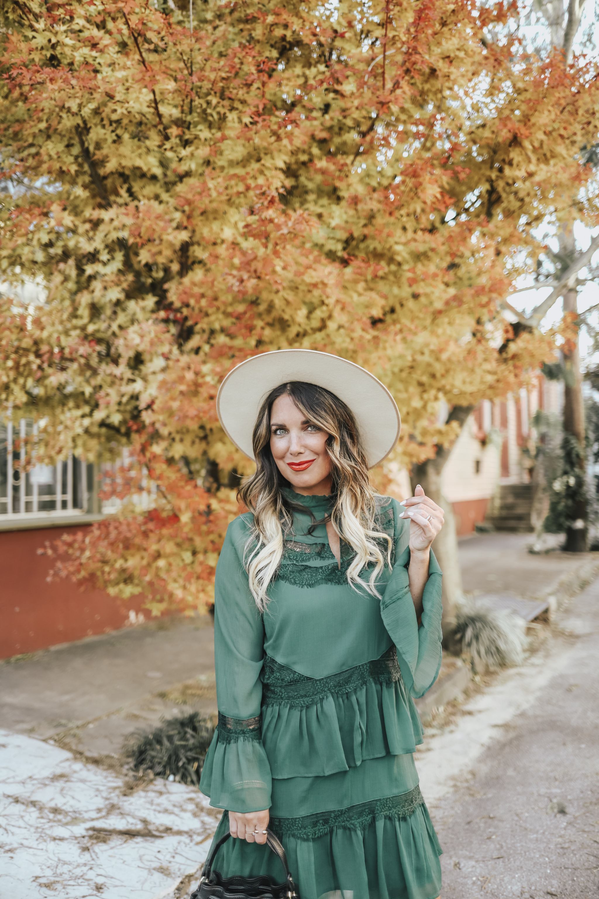 ROCKING A HAPPY FACE AND A HAPPY, GREEN DRESS FROM RIVER ISLAND. FOUND THE PERFECT HOLIDAY DRESSES AND WHITE BOOTIES. READ MORE ON THE BLOG.