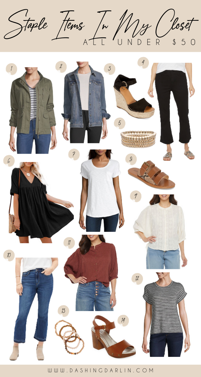 STAPLE ITEMS IN MY CLOSET ALL UNDER $50- DENIM, BASIC WHITE TEE, STRIPES, AND MORE. AFFORDABLE FASHION FOR ALL SHAPES AND SIZES. 