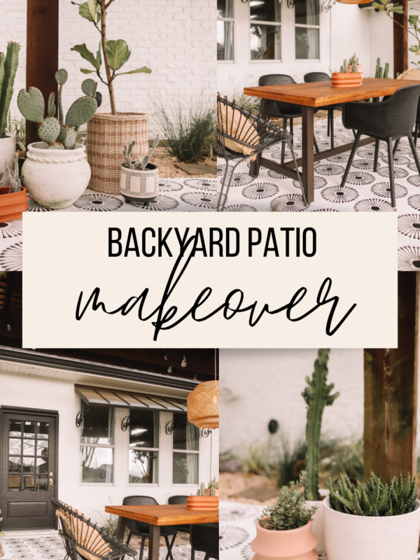 How to give your backyard a complete makeover on a budget. How to stencil your back patio and style it with ease!! Step by step on the blog.